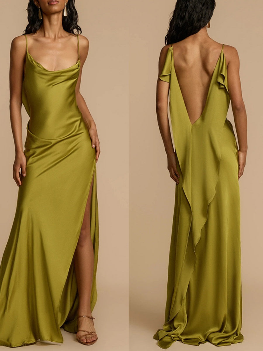 Backless Ribbon Satin Slits Wedding Maxi Dresses