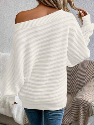 Solid Color 3D Striped Off-shoulder Batwing Sleeve Pullover Knit Sweater
