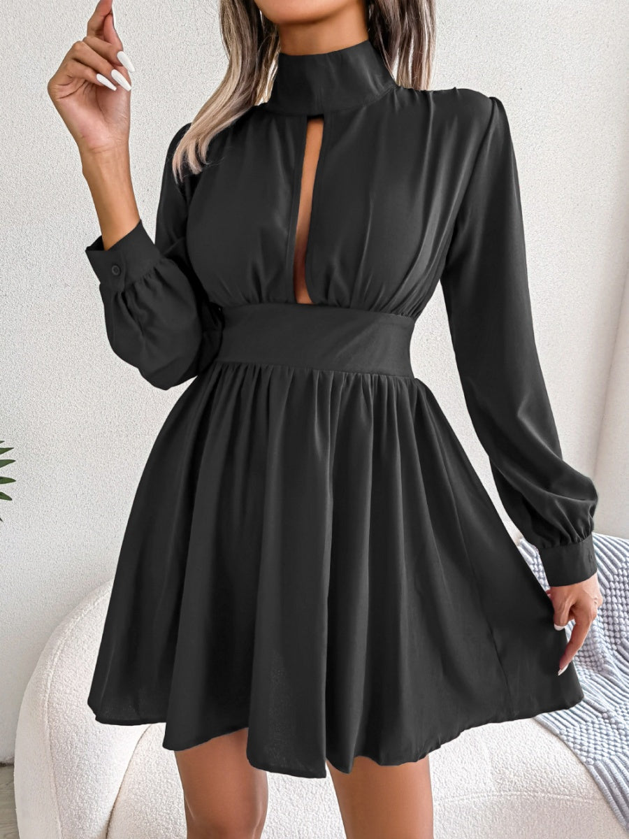 Stand Collar Hollow Waist Big Swing Mini&Short Dresses