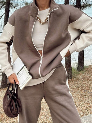 Jackets Casual Trousers Set Retro Contrasting Colors Long Sleeve Zipper Coat Two-piece Trouser Set