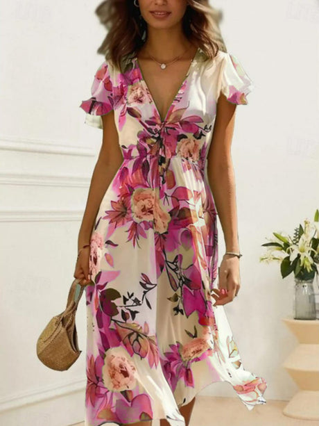 Floral Print V-neck Short Sleeve Maxi Dresses