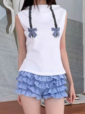 Y2K Checkered With Bow Multi-layered Wavy Lace Sweet Shorts