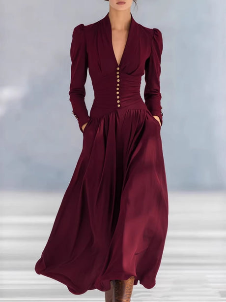 V-neck Puff Sleeve Long-sleeved Midi Dress