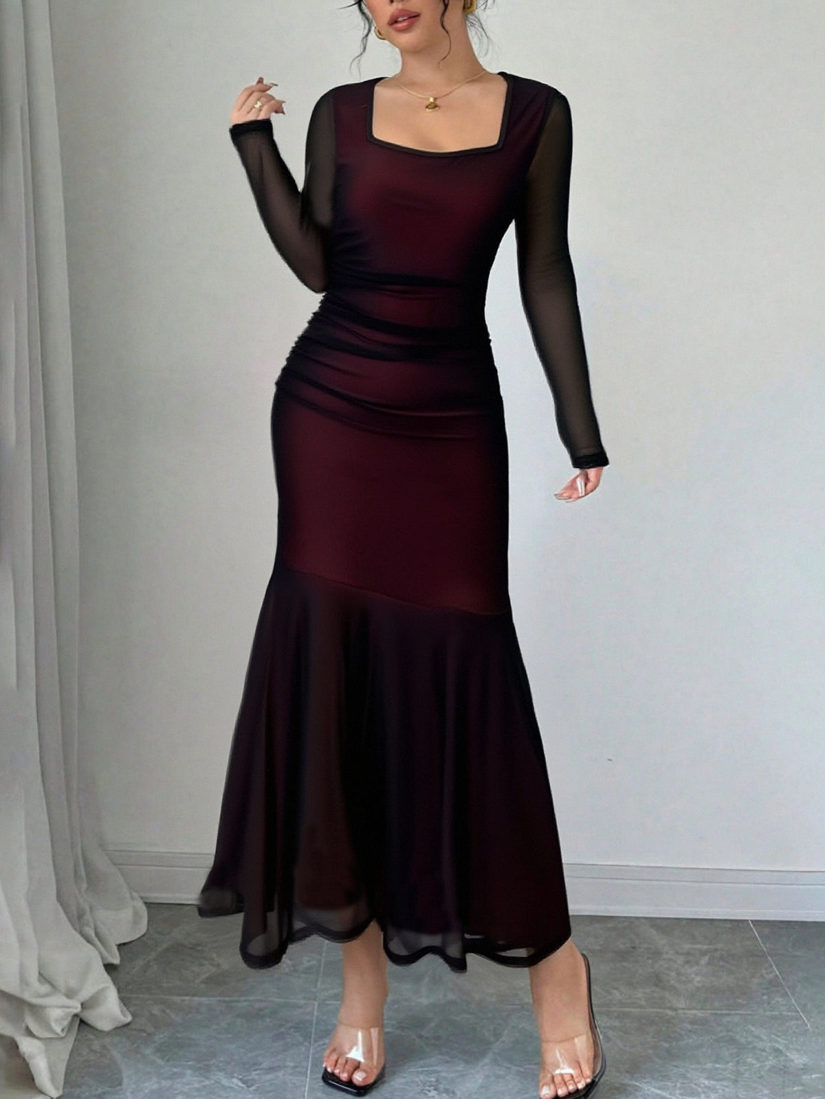 Burgundy Sheer Long-sleeved Square-neck Fitted Long Dress