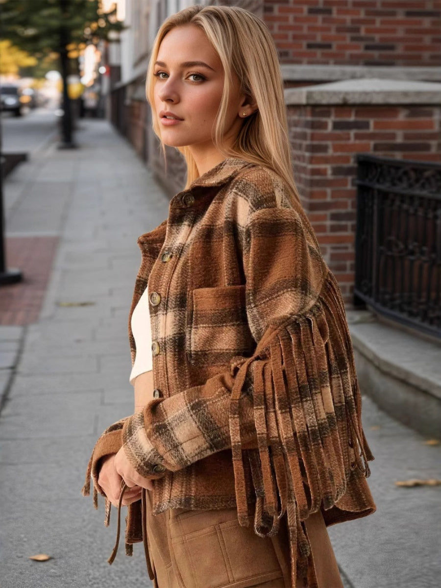 Liber Autumn women's plaid button tassel pocket short patchwork jacket