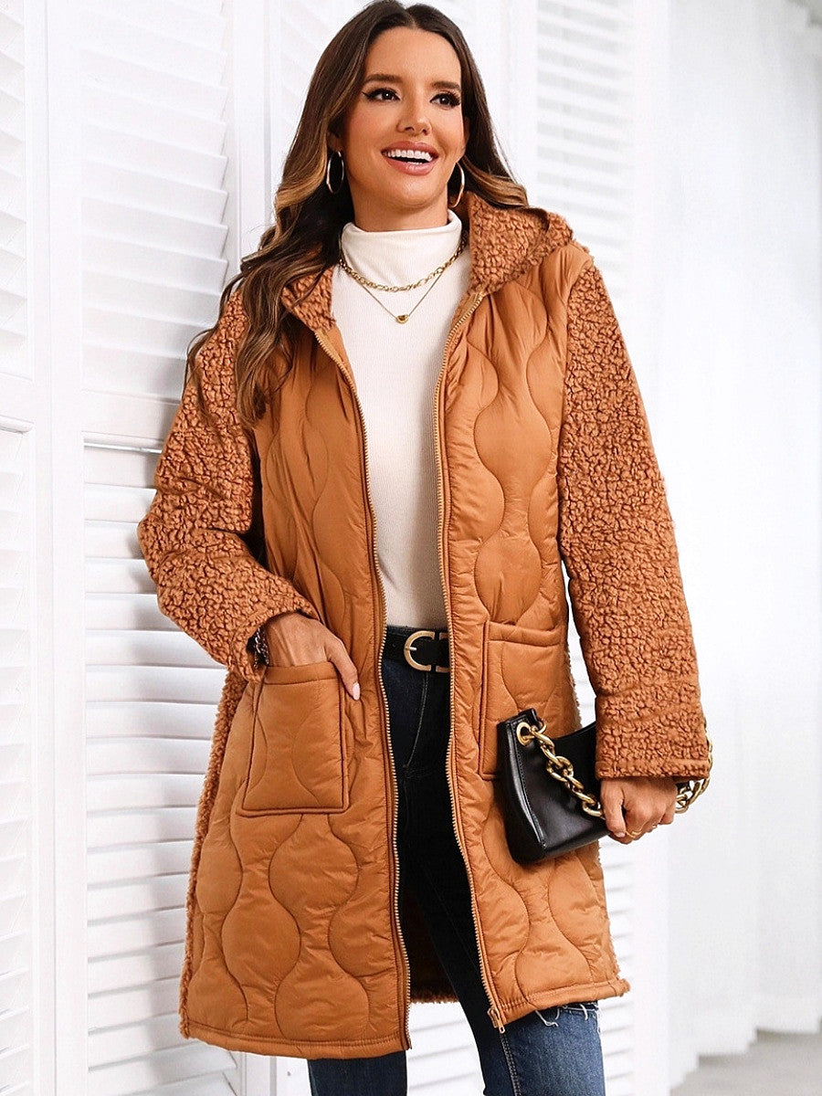 Long Cardigan Pockets Splicing Cotton Clothes Hooded Jacket