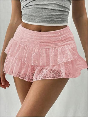 Y2K Lace Trim Low-waisted Pleats Multi-tiered Cake Skirt Sweet Short Skirt