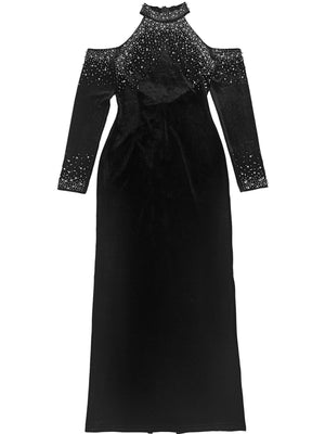 Robe de soirée maxi sans manches, ornée de strass thermocollants et de bulles, épaules dénudées