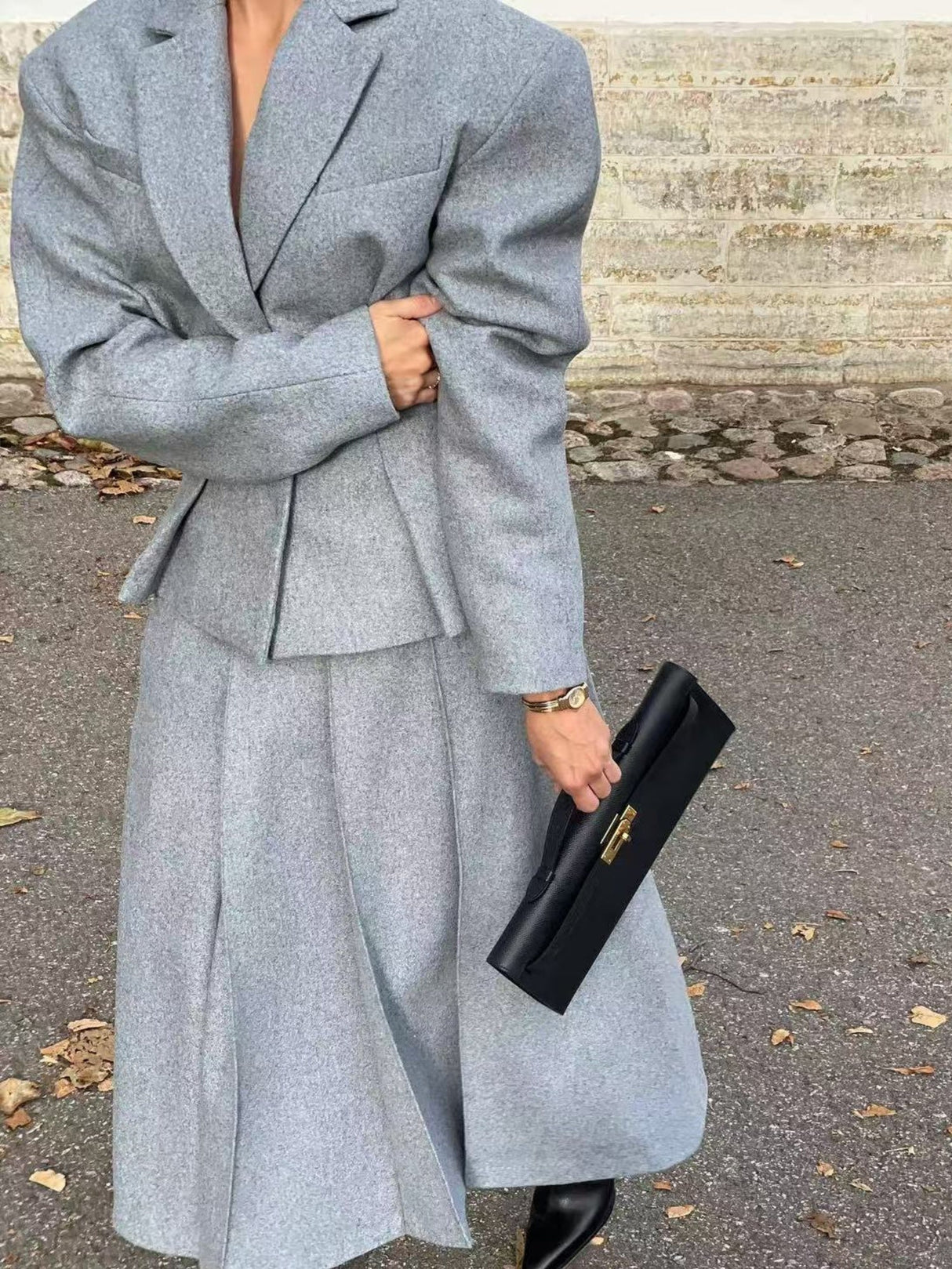 Blazer ajusté à revers et manches longues, jupe assortie, ensemble deux pièces en laine