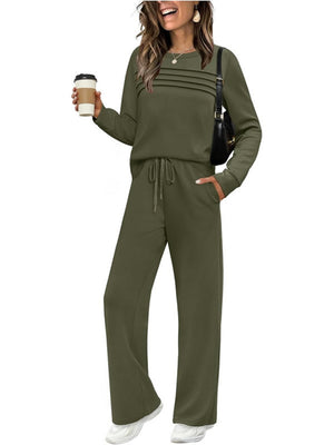 Long-sleeved Round Neck Top And Casual Elastic Waist Wide-leg Pants Two-piece Set