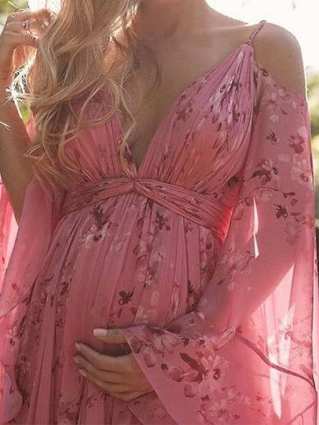 Maxikleider mit V-Ausschnitt, langen Ärmeln und Blumenmuster