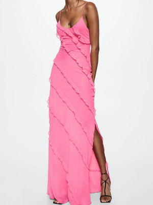 Ruffle Backless And Slit V-neck Suspenders Maxi Dresses