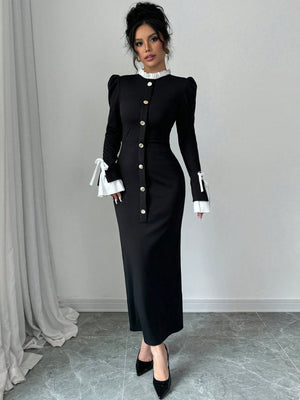 Black And White Color-blocked Velvet Fitted Long Dress