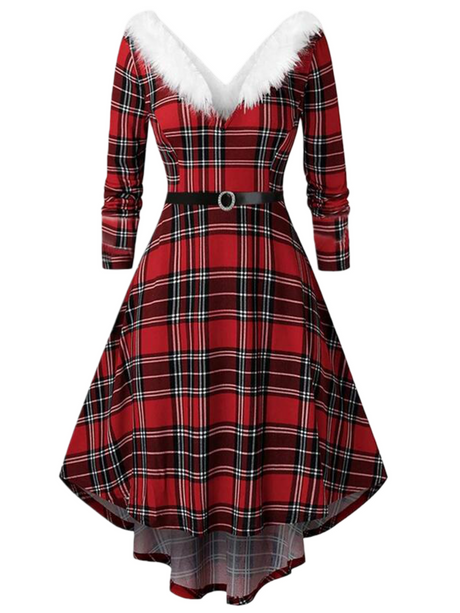 Christmas Plush Splicing V-neck Large Skirt Long Sleeves Midi Dresses