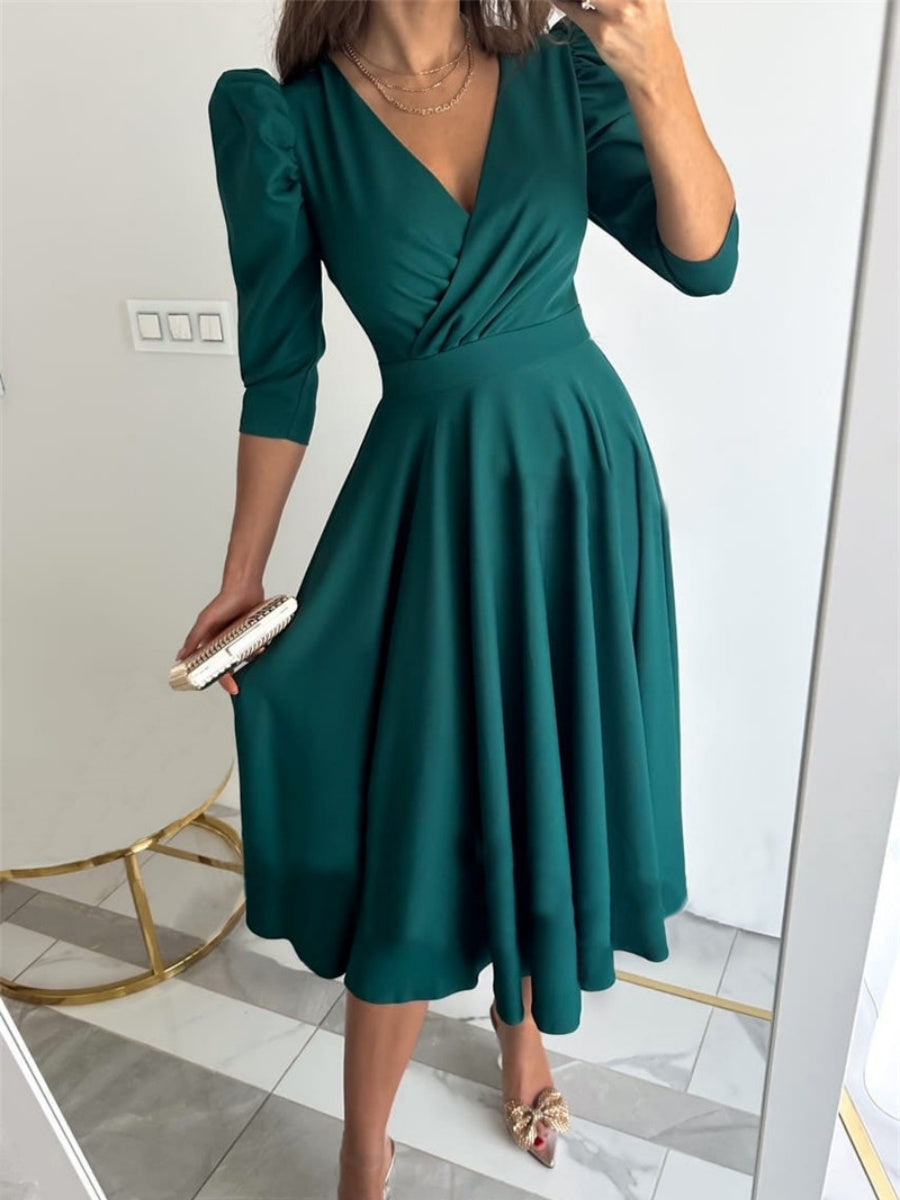 V-neck, Fitted Waist Pleated Big Swing Daily Casual Midi Dress