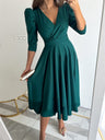 V-neck, Fitted Waist Pleated Big Swing Daily Casual Midi Dress