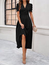 Pleated Waist Short Sleeve Maxi Dresses