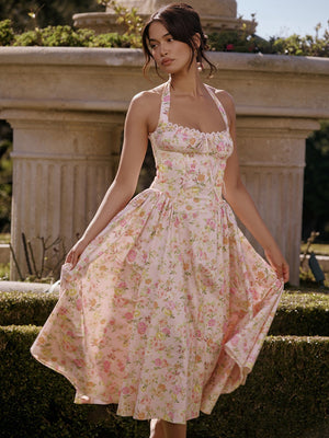 Lace Trim Floral Print Vacation Style Long Dress