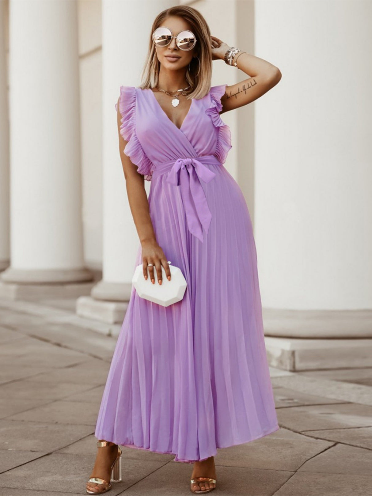 Lotus Leaf Sleeves Bow Chiffon Pleats Vacation Style Maxi Dresses