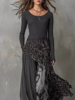 Black Long-sleeved Printed Irregular Design Round Neck Long Dress