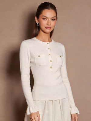 Half-open Metal Button Pocket Ruffle Sleeve Pullover Sweater