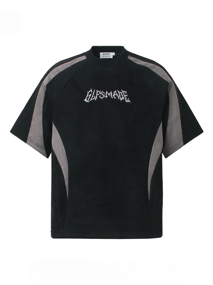 Suede Locomotive Machete Patchwork Embroidery T-shirt