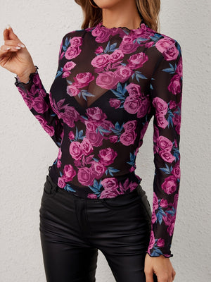 Liber Autumn Women's Wood ear Plants and Flowers Mesh&Sheer Tops
