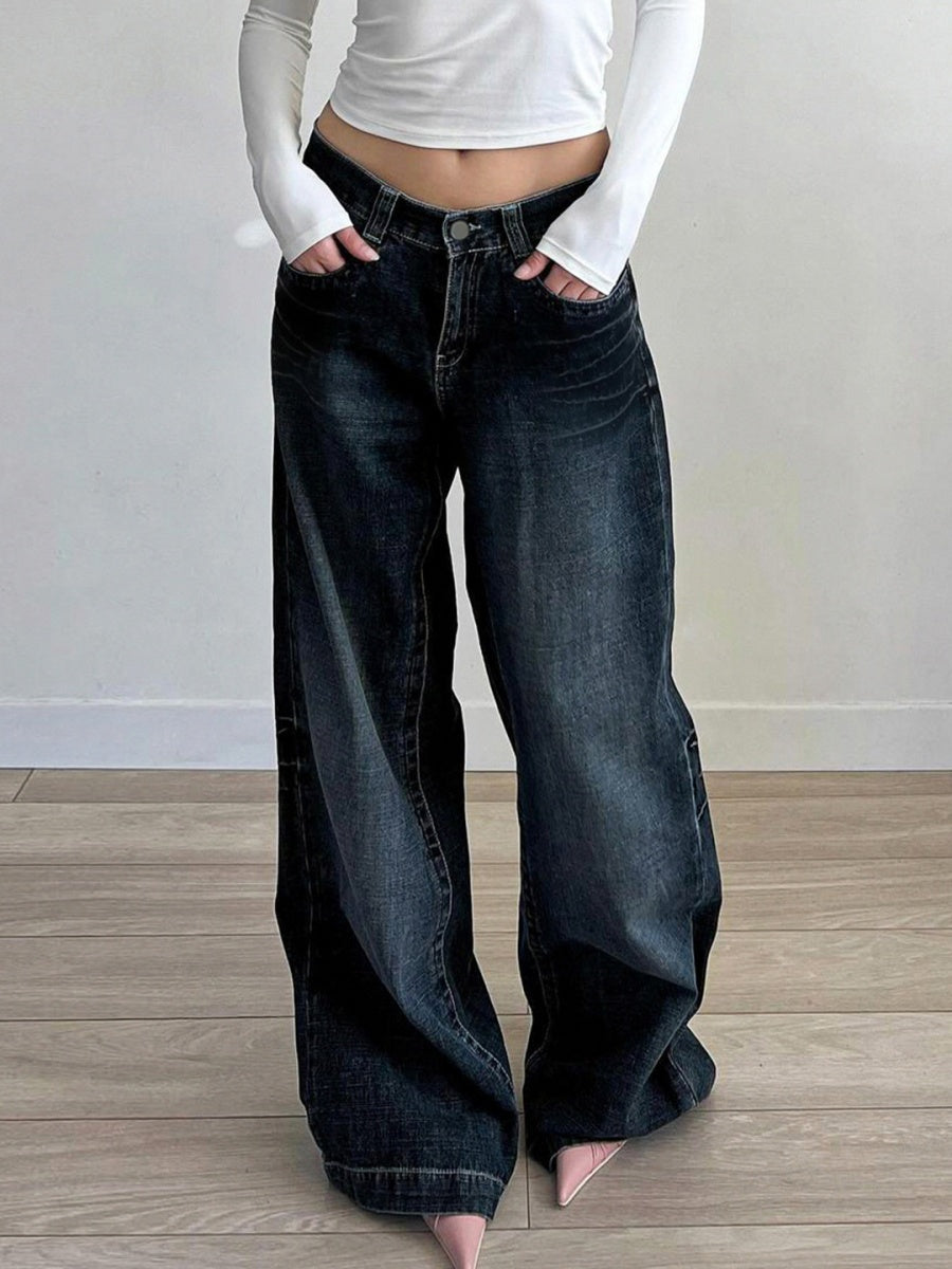 Zipper Wide Leg Mopping Jeans