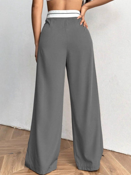 Color-blocked Belted Wide-leg Suit Trousers