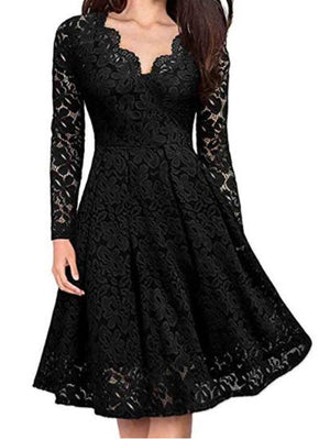 Christmas Long Sleeve Lace Solid Color Midi Dresses