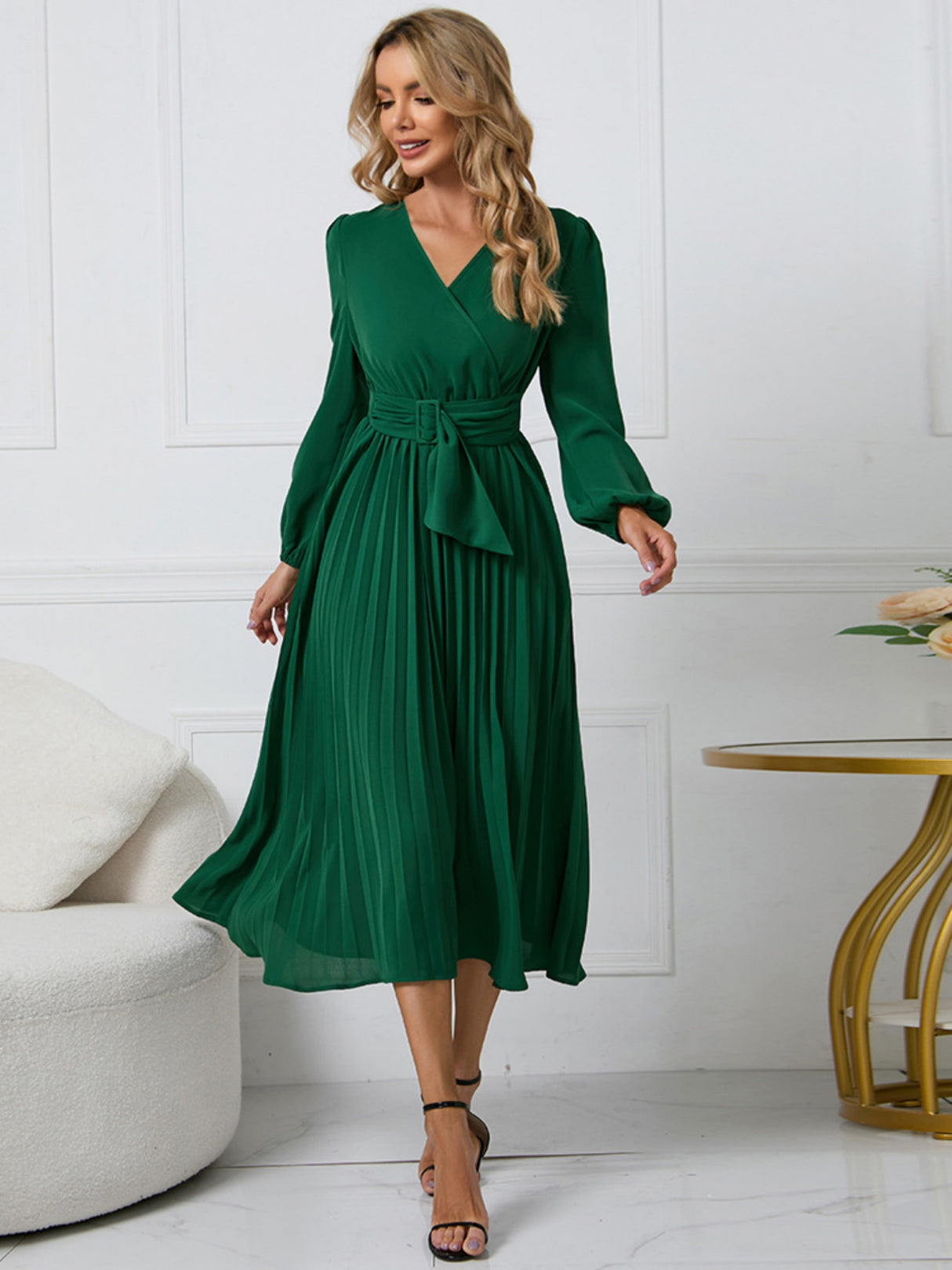 Pleated Skirt V-neck Tie Maxi Dresses