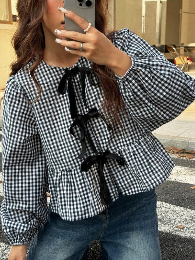 Asian Korean Style Plaid Loose Bow Long-sleeved Shirt