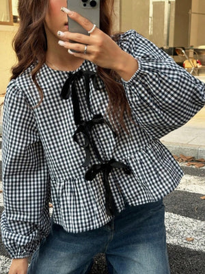 Asian Korean Style Plaid Loose Bow Long-sleeved Shirt