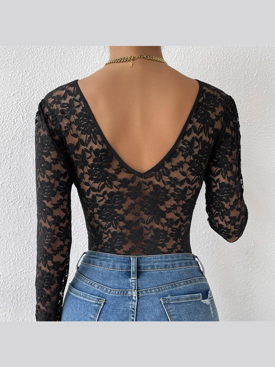 Lace Long Sleeve Perspective Slim Fit Bodysuit