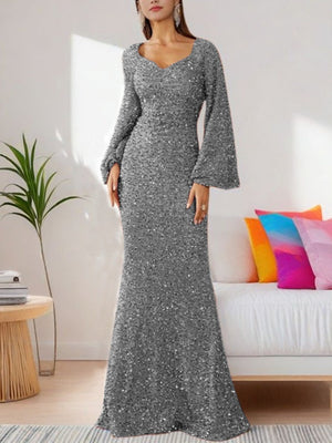 V-neck, Bodycon Sequined Mid-waist, Flared Sleeve Long Dress