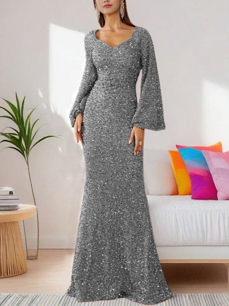 V-neck, Bodycon Sequined Mid-waist, Flared Sleeve Long Dress