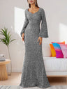 V-neck, Bodycon Sequined Mid-waist, Flared Sleeve Long Dress