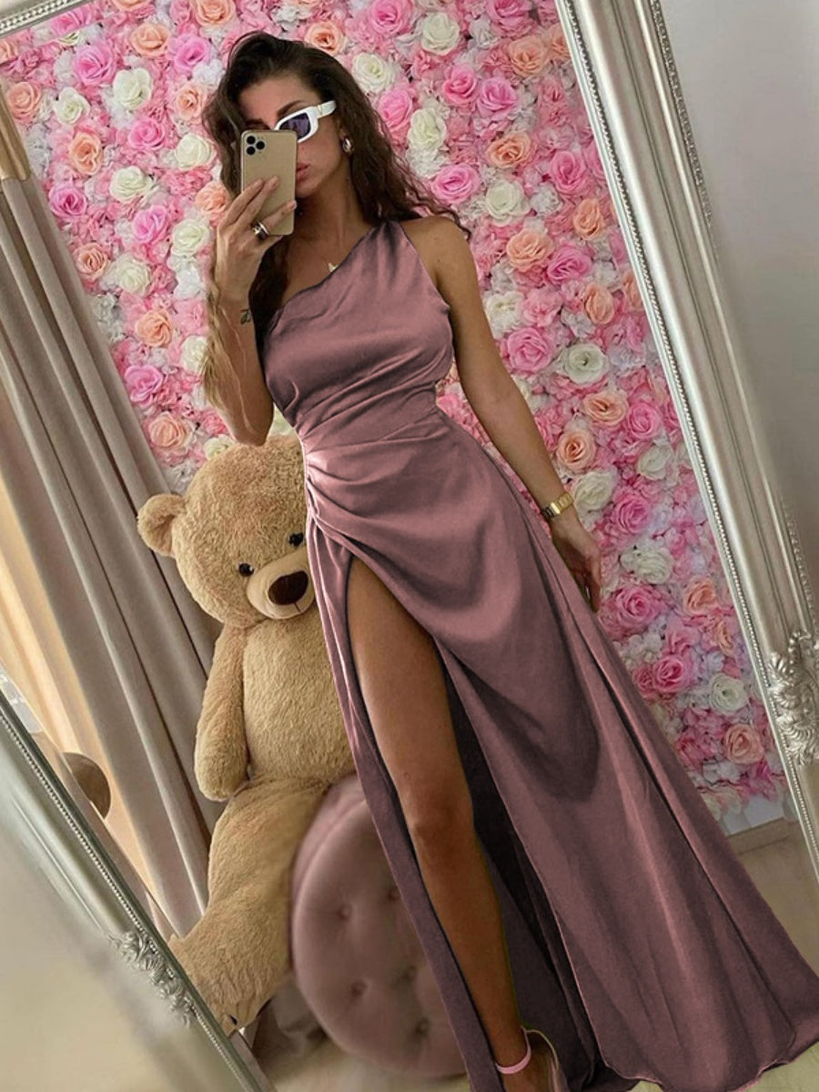 One-shoulder Satin Style Sexy Slit Dinner Party Long Dress