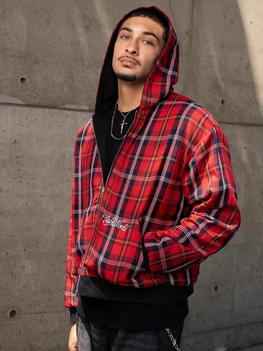 Ins Style Lattice Lining Double-sided Street Fashion Hooded Zip-up Sweatshirt