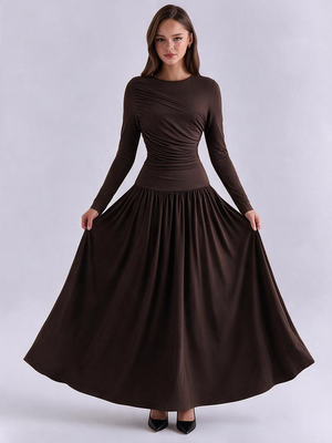 Pleated Design Long-sleeved Round Neck A-line Dress