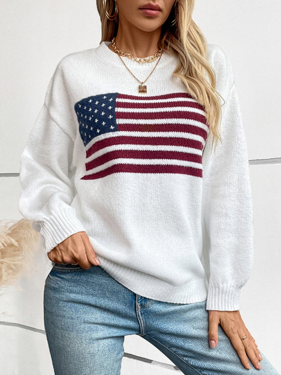 American Flag Jacquard Hood Crew Neck Sweaters