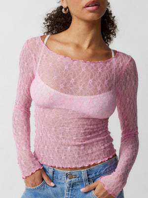 Lace See-through Wavy Edge Off-the-shoulder Neckline Long-sleeved Top