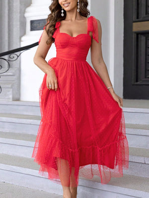 Polka Dots Strapless Shoulder Strap Mesh Splicing Sweet Maxi Dresses