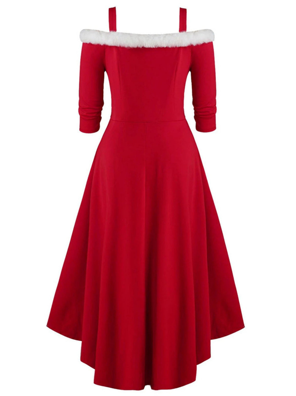 Christmas Plush Splicing High And Low Deep V Off-shoulder Large Skirt Three-quarter Sleeves Midi Dresses