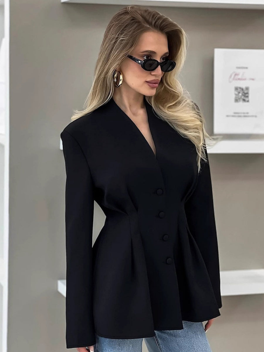 V-neck Waist Button-down Blazer