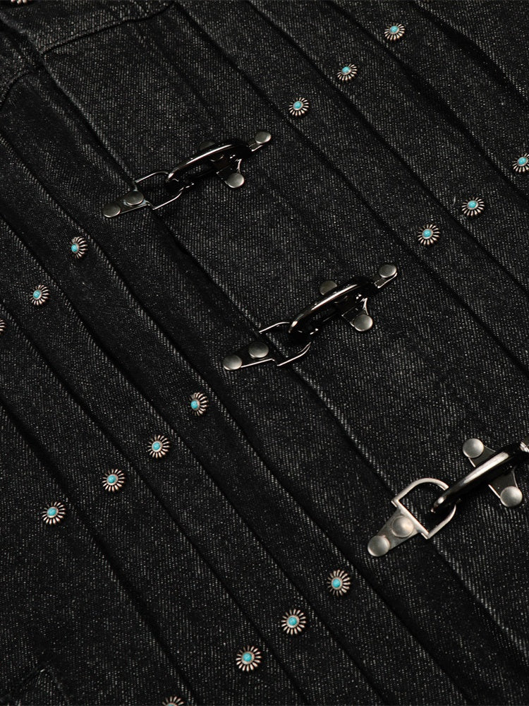 Veste en jean courte plissée à boutons style aviateur hip-hop