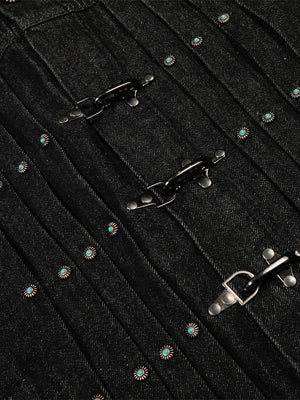 Veste en jean courte plissée à boutons style aviateur hip-hop