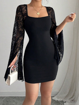 Lace-trimmed Bell Sleeves Slit Square Collar Hip Wrap Mini&Short Dresses
