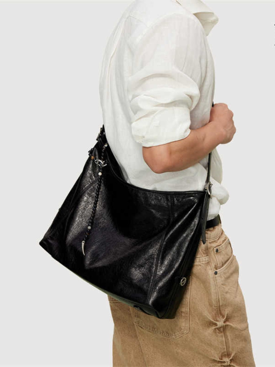 Hobo Large Oil-Waxed Cowhide Tote Bag, Large Capacity, Unisex, Black, Shoulder/Crossbody Bag