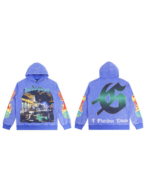 Rock Washed And Aged Skull Print Hooded Sweatshirt